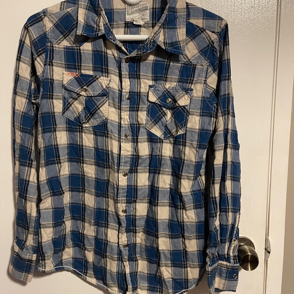 Overdrive Mens Pearl Snap Shirt Size L Blue Plaid 100% Cotton Western Rodeo